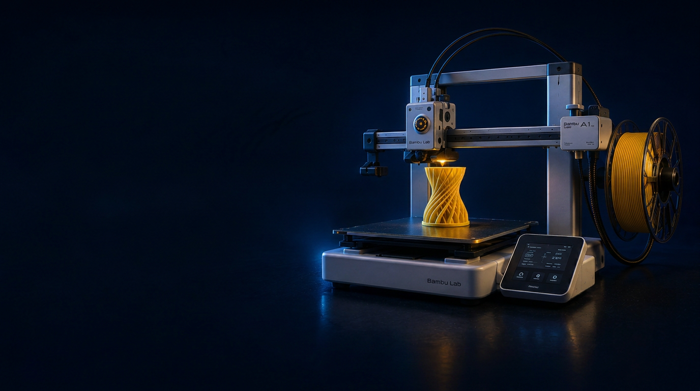 Impressora 3D Bambu Lab A1 produzindo uma peça em filamento amarelo